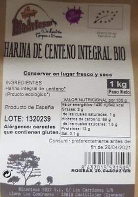[8437015531618] Harina De Centeno Blanca Bio 1 Kg. (Bioartesa)